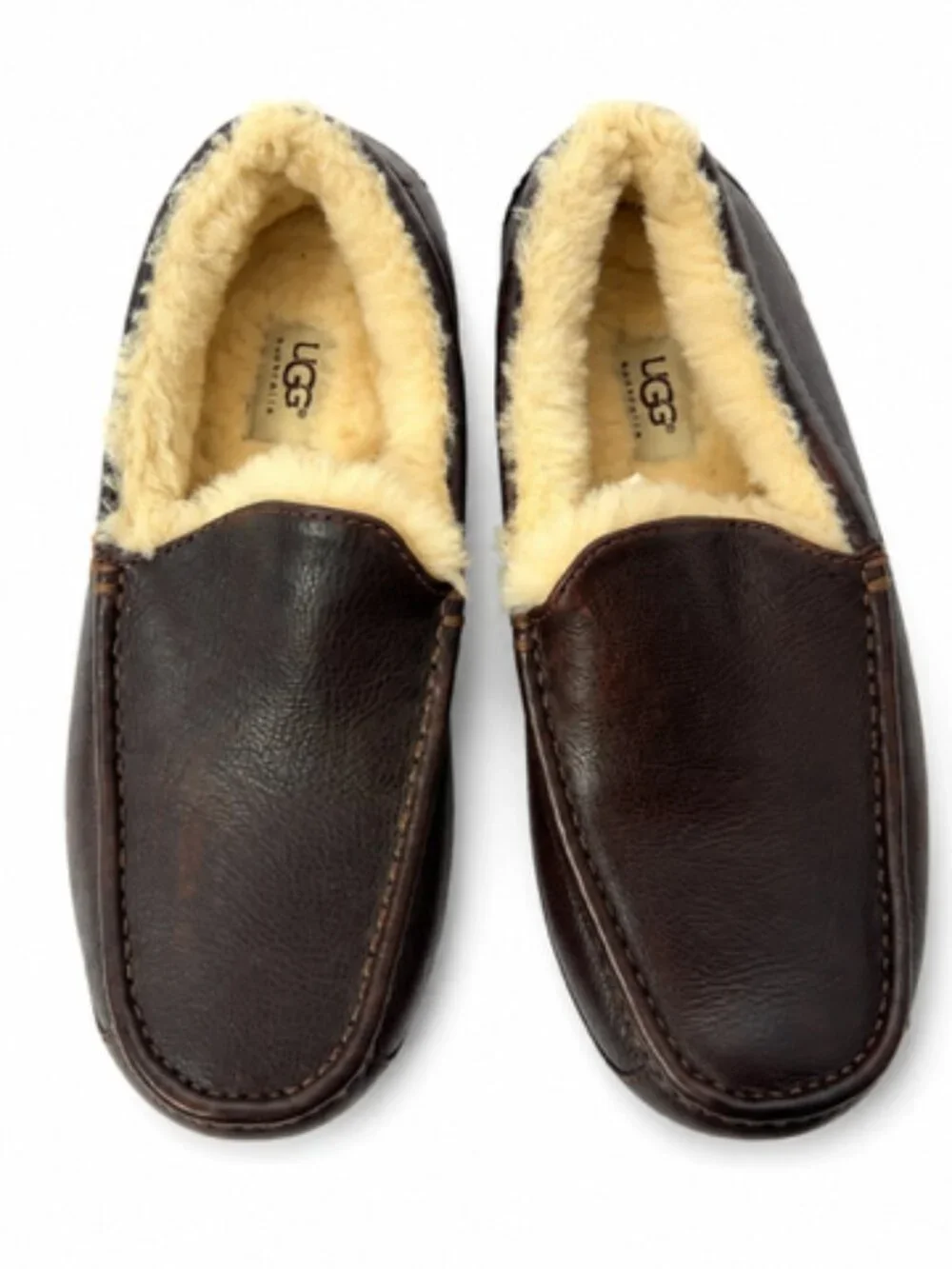 UGG Australia Men’s Size 9 Brown Leather Shearling Lined Loafers Slip On Shoes